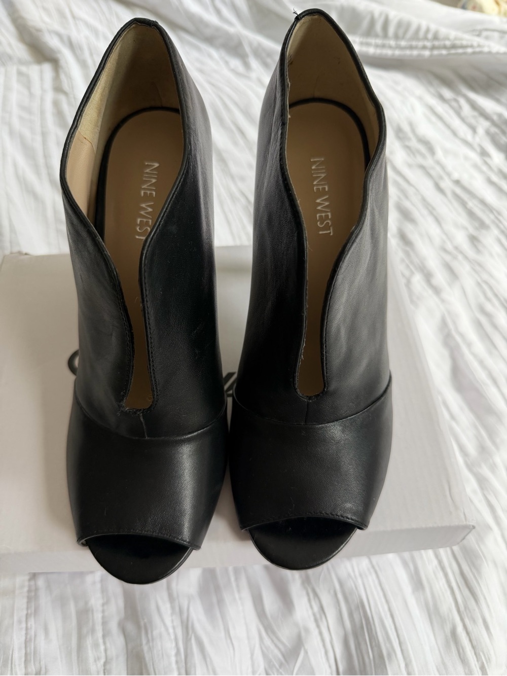 Nine West Black Peep-Toe Leather Booties with Front Slit